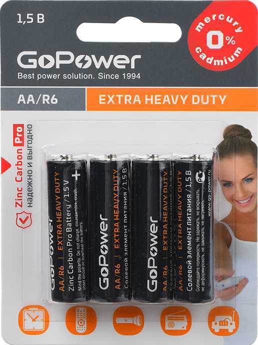 Батарейка GoPower R6 AA BL4 Heavy Duty 1.5V (4/48/576) Элементы питания (батарейки) фото, изображение